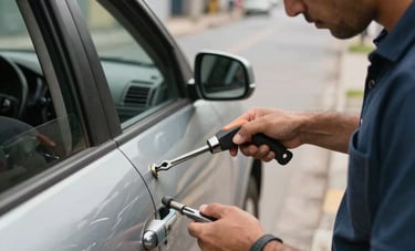 Action shot of a locksmith using specialized tools to open a modern car door in a South American urban street, daylight, professional and efficient vibe.