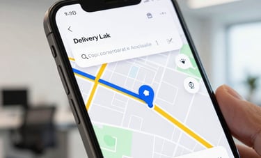Close-up of a high-end smartphone screen showing a delivery tracking app with a map and route markers. The background is a clean, modern Western European office space with soft lighting.