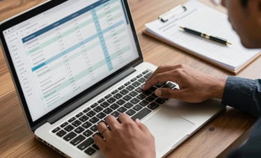 High-angle photography of a South Asian / Indian professional analyzing complex search data on a sleek laptop, warm office interior with wood accents, results-driven professional mood.