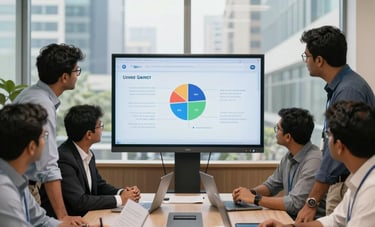A group of South Asian / Indian professionals collaborating around a screen in a bright conference room, vibrant marketing strategy session, clean modern design, Ahmedabad commercial district background.