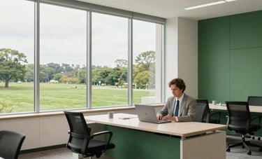 A bright, professional office interior in the US, with large windows looking out onto a green landscape. The space is clean, using a palette of off-white and forest green, projecting expertise and a modern business approach.