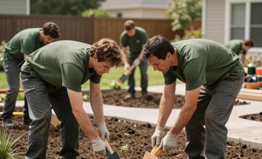 Photography of a professional landscaping project in North America. A team is working efficiently in a bright, outdoor setting. The composition is clean, featuring olive and dark green tones, reflecting a grounded and dependable work ethic.