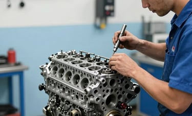 A skilled mechanic in a North American / US auto shop working meticulously on an engine block undergoing a full rebuild. Bright, professional lighting highlighting precision tools and clean Light Blue surroundings.