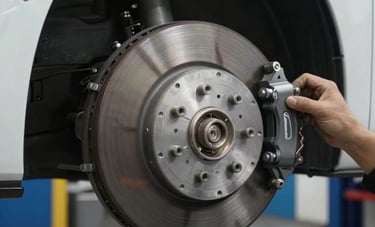 A close-up of a disc brake rotor replacement on a modern vehicle, showcasing technical expertise in a North American / US garage. Clean environment with Blue and White tones conveying modern automotive care.