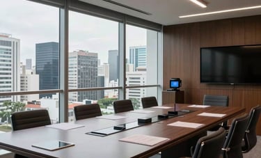 A high-end Brazilian corporate conference room with a view of a city skyline. The interior is modern and sophisticated, featuring glass surfaces and advanced telecommunications technology.