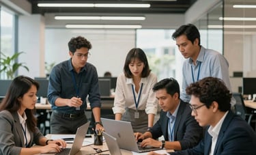 A group of collaborative professionals in a South American business hub, working together in a brightly lit, open-plan office. The atmosphere is energetic and organized, showing efficiency.