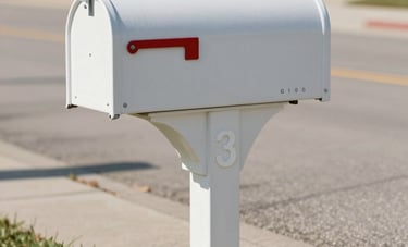 A crisp, high-end shot of a North American suburban curb featuring a perfectly clean mailbox and freshly painted white numbers on the concrete. The lighting is bright and sunny, highlighting the premium care and meticulous maintenance of the property exterior.