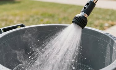 A detailed action shot of a high-pressure water nozzle sanitizing the interior of a trash bin. Steam and water droplets are illuminated by natural light, showing a deep clean process. Modern suburban North American setting, professional and sanitary focus.