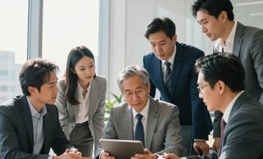 A group of North American / US business consultants in professional attire collaborating around a tablet in a modern boardroom. Natural sunlight enters through tall windows. The style is reliable and forward-thinking with light gray and medium blue accents.