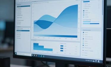 A sophisticated North American / US tech workspace focusing on a high-definition monitor displaying abstract digital analytics. The lighting is cool-toned and futuristic. The aesthetic is clean and innovative with medium blue and light blue reflections.