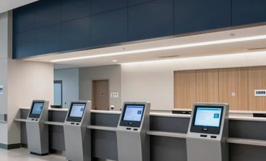 A wide-angle shot of a minimalist North American hospital reception area with integrated digital kiosks. The architecture is sophisticated with dark navy panels and clean light gray surfaces. The lighting is soft and modern.