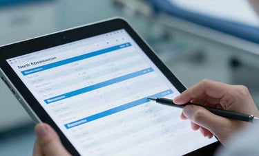 Close-up of a tablet being used by a medical professional in a North American hospital, displaying high-contrast clinical data charts. The surroundings are professional and high-tech, featuring deep navy and light blue lighting.