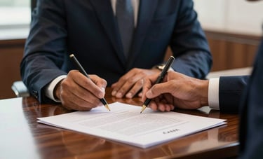 Close-up of a South American professional signing a formal contract in a high-end Brazilian corporate office, polished wood desk, elegant lighting, professional atmosphere.