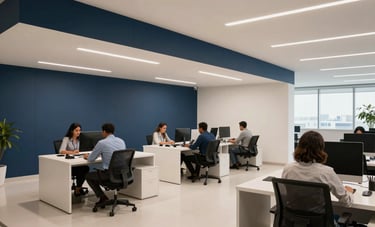 Wide shot of a modern, clean financial office in Brazil with South American employees working diligently, corporate architectural details in dark blue and off-white.