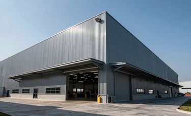 Wide angle shot of a large modern industrial warehouse in Mexico, professional corporate photography, high contrast lighting, blue and gray palette.
