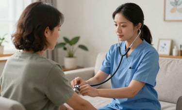 A professional North American / US home health nurse using a stethoscope to check a patient's vitals. The setting is clean and organized, conveying a sense of clinical expertise and quiet confidence in a residential environment.