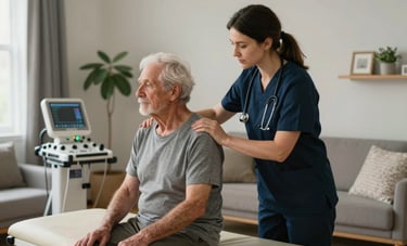 In a well-appointed North American / US home, a specialist nurse provides gentle physical therapy support to a senior patient. High-quality lighting highlights the compassionate interaction and reliable professional equipment used.