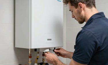 A clean and organized utility room in a European house where a high-efficiency gas boiler is being inspected by a technician. Professional lighting, technical precision, Scandinavian design cues.