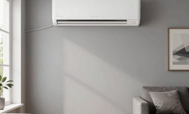 A stylish, modern Scandinavian living room featuring a minimalist split air conditioning unit mounted on a soft grey wall. Bright natural light, wooden floors, and a serene European Spanish domestic atmosphere.
