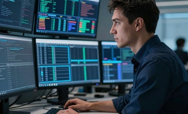 A professional trader in a modern North American office setting, analyzing complex multi-monitor data streams. The aesthetic is sophisticated and high-tech, with lighting that emphasizes intelligence and professional authority in shades of dark blue.