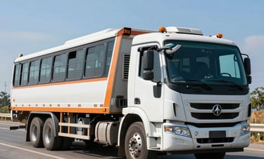 A heavy-duty industrial tow truck towing a large commercial bus on a South American highway. Clear blue sky, powerful machinery, efficient and reliable professional service.
