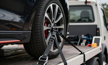 Close-up of a high-end luxury car being carefully secured with professional straps onto a clean, modern tow truck. South American setting, focus on detail and safety.