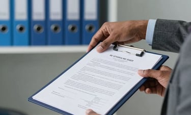 Photography of a professional South Asian legal expert's hands carefully placing a government e-stamp paper into a folder. The background shows a modern, organized legal office with blue files. The atmosphere is professional, serious, and trustworthy, using a palette of grey and sky blue.