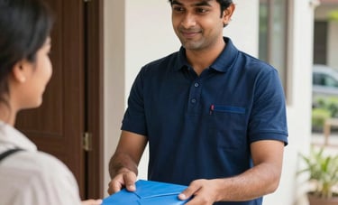 A close-up shot of a courier in a clean, professional uniform handing a secure blue envelope to a customer at the doorway of a modern South Asian apartment. The setting is bright and daylight-filled, conveying a sense of reliability and prompt service. The colors are dominated by navy blue and off-white.