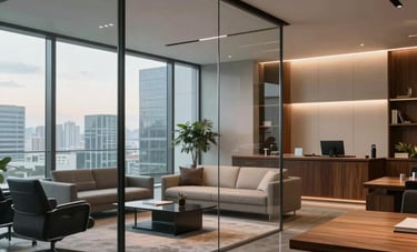 Interior of a high-end North American executive office with glass walls, designer furniture, polished wood surfaces, and a minimalist aesthetic under soft evening lighting.