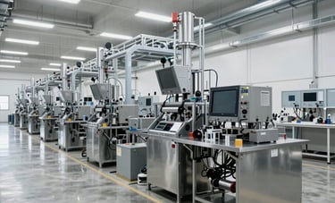 Clean, state-of-the-art modern North American industrial facility with polished concrete floors, organized chrome equipment, and bright, sterile overhead lighting.