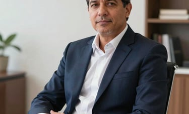 A professional South American lawyer, around 50 years old, wearing a dark navy suit and white shirt, sitting in a contemporary law office in Cuiabá-MT, Brazil. He projects confidence, reliability, and modern professionalism in a bright, clean setting.