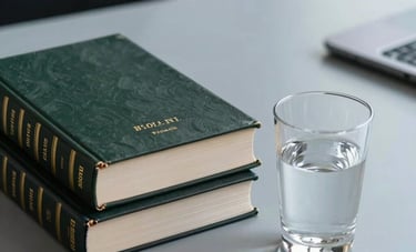 A detail shot of a professional legal workspace in Brazil. A stack of law books and a glass of water on a minimalist grey-blue surface. The lighting is soft and professional, emphasizing a modern and trustworthy atmosphere.