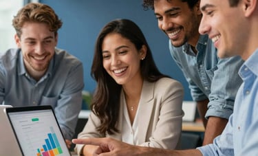 A close-up of a diverse group of Hispanic professionals laughing and collaborating in a bright, modern office with dark blue walls. One person points to a laptop screen showing a colorful social media engagement graph. The style is authentic and dynamic photography.