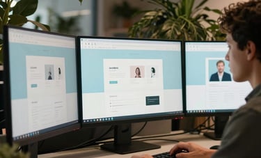 A South American software engineer working in a modern, plant-filled creative studio. Three large monitors show a sleek, minimalistic website layout with light blue and off-white UI components. The lighting is soft and cinematic, highlighting a professional and innovative atmosphere.