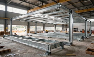 Wide shot of a large-scale construction project in Braga, Northern Portugal. Multiple Pladur metal structures are being installed in a large hall. The scene is professional, organized, and clean, showing industrial efficiency. Natural daylight from high windows.