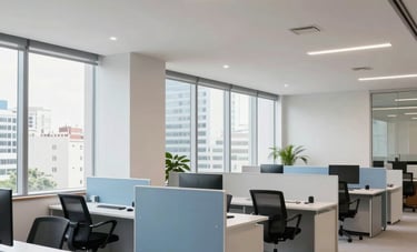 A wide shot of a clean, modern Brazilian corporate office suite during the day. Large windows show a hint of a metropolis outside. The interior features light blue and off-white furniture, embodying organizational excellence and specialized administrative flow.