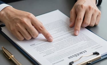 A close-up photograph of a professional's hands pointing at a tax document on a charcoal gray desk. A navy blue folder and a gold pen are visible in the composition. The lighting is bright and professional, characteristic of a high-end North American / US accounting firm.
