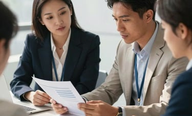 A crisp, professional photograph of a diverse team of two professionals in North American business casual attire reviewing a financial report in a modern, sunlit conference room. The focus is on the document and the collaborative, sophisticated atmosphere, featuring white and gold accents.