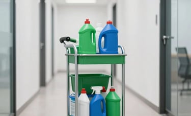 A professional photograph of a modern, well-organized janitorial service cart with green and blue cleaning supplies, positioned in a sleek corporate hallway with white walls. The lighting is bright and clean, typical of a high-end North American office building. The focus is sharp on the equipment, symbolizing efficiency.