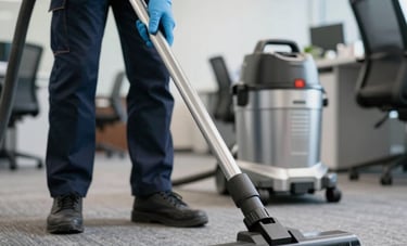 A close-up photograph of a professional cleaning technician wearing a branded uniform and blue protective gloves, using a high-end industrial carpet cleaner in a modern North American office setting. The composition shows the contrast between the uncleaned and freshly cleaned carpet fibers under bright, professional lighting.