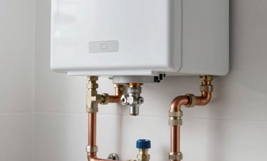 A modern tankless water heater professionally installed on a white wall in a North American utility room. The piping is clean and organized with copper and silver fittings. Industrial photography with clear, bright lighting.