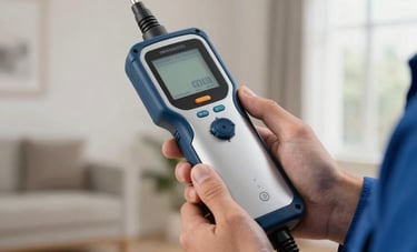 A close-up of a high-tech ultrasonic leak detection device being used by a professional technician in a North American home. The image highlights modern technology, featuring blue and silver tones in a clean, professional residential environment.