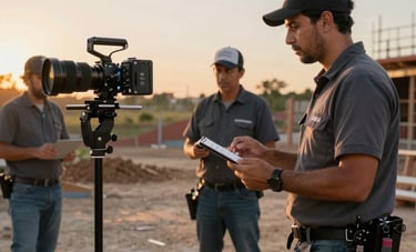 Fotografía en Latinoamérica / EE.UU. de un equipo de marketing grabando un Reel de alta calidad en un sitio de construcción real, mostrando a un contratista con su uniforme y herramientas bajo una luz de atardecer cinematográfica, estilo aspiracional y profesional.
