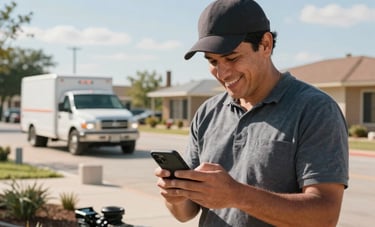Fotografía dinámica en Latinoamérica / EE.UU. capturada en un ambiente de trabajo real: un contratista de landscaping sonriendo mientras revisa un post de Instagram en su smartphone, con su camión de trabajo y equipo de fondo bajo un cielo despejado del Sur de EE.UU.
