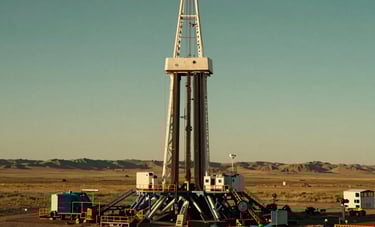 A wide-angle landscape photograph of a drilling rig in the North American Western US plains during the golden hour, deep green tones in the distance, rugged and sophisticated style.