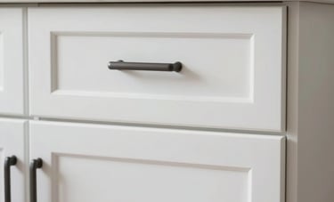 A close-up of newly refinished kitchen cabinets in a North American / Florida, US luxury home. The cabinets are a smooth satin white with modern dark gray hardware. Professional indoor lighting emphasizes the clean, flawless finish.