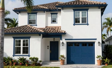 The exterior of a pristine Mediterranean-style house in Sarasota, North American / Florida, US. Freshly painted stucco walls in off-white with dark blue trim. Bright daylight, manicured landscaping, and palm trees in the background.