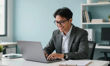 Wide-angle photograph of a Southeast Asian / Indonesian business professional looking at a laptop with a satisfied expression, modern workspace with light blue and teal elements, clean results-driven environment.
