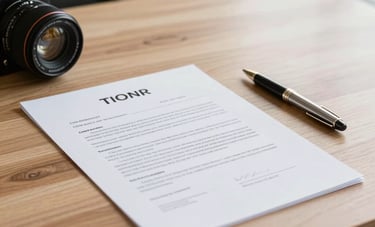 Clean wooden desk with a real estate contract and a designer pen, professional South American office interior, soft natural side lighting.