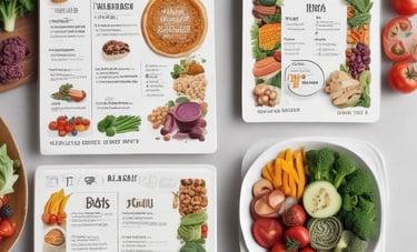 A selection of three colorful trays is filled with a variety of healthy snacks, including orange slices, nuts, seeds, and a measuring tape is artfully draped across them, suggesting themes of dieting or nutrition.